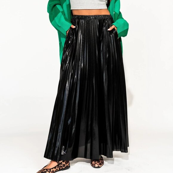 Dressed in Lala Metallic Pleated Midi Skirt in Midnight Black - Picture 2 of 3